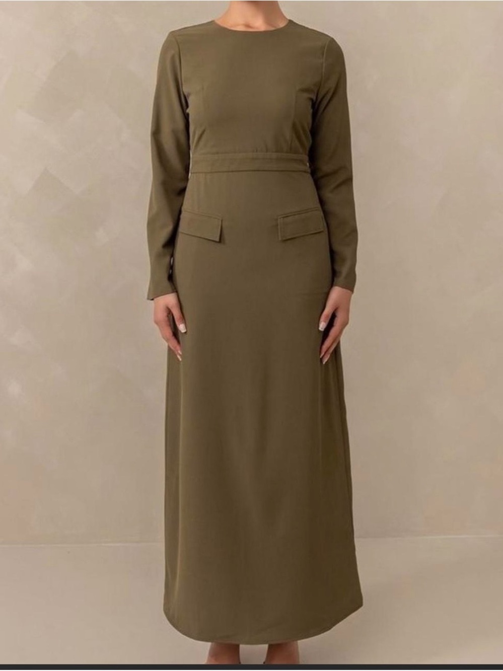 Long-Sleeve Olive Maxi Dress with Tailored Waist